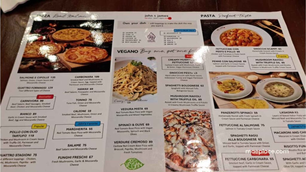 menu di john & james pizza and pasta